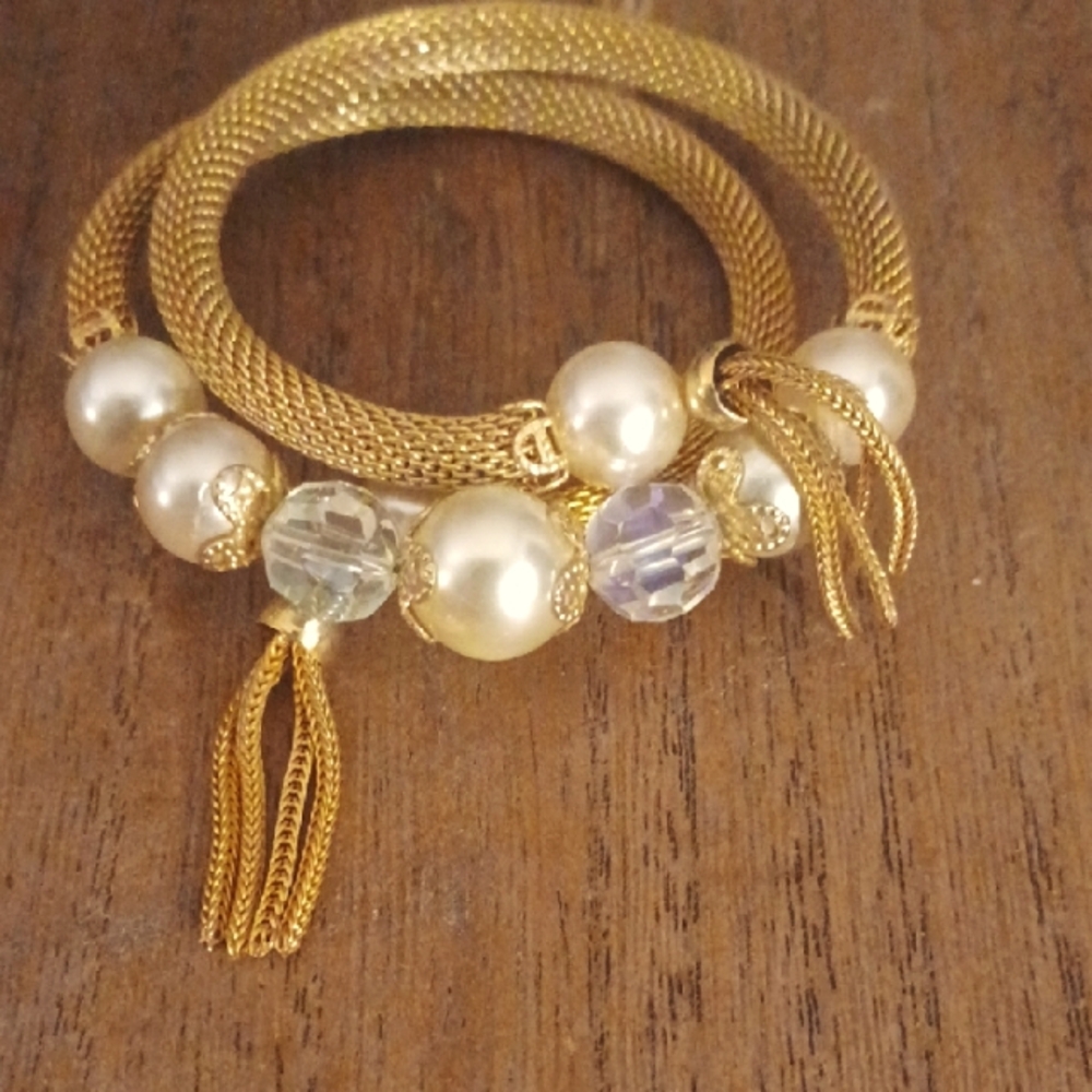 Vintage Mesh Wrap Faux Pearl AB Crystal Bead Festoon Fringe Wrap Coil Bracelet